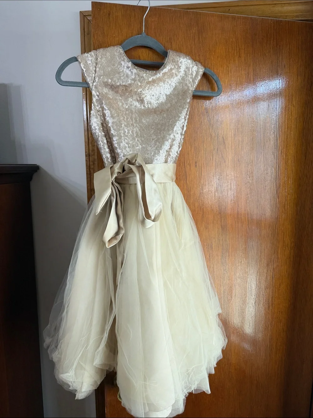 David's Bridal Cream Sequin Bodice Tulle Dress with Waist Bow - Picture 1 of 2